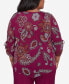 Plus Size Wine Country Women's Floral Paisley Drawstring Sleeves V-Neck Top