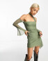 Sisters of the Tribe scarf detail ruched mesh mini dress in khaki