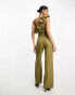 True Violet bardot jumpsuit with ruffle detail in light khaki