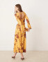 ASOS DESIGN boho floral print peach long sleeve midaxi dress