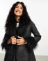 Reclaimed Vintage longline leather look mac with faux fur collar in black