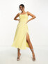 ASOS DESIGN shirred strap ruched bodice dobby pleat midi dress in lemon