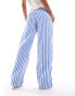 Bershka tie waist wide leg linen look trousers in blue & pink stripe