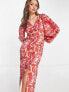 Pretty Lavish balloon sleeve button midaxi dress in red and pink floral