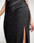 New Look glitter ruched side split midi skirt in silver