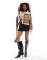 Bershka shearling trim faux suede jacket in dark tan