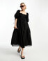 & Other Stories shirred bust volume sleeve midi dress in black