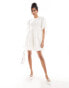 & Other Stories mini smock dress with tie detail volume sleeves in white jacquard