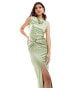 TFNC Bridesmaid satin cowl neck maxi with twist detail dress in sage