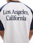 Hollister back print heavyweight boxy fit raglan baseball t-shirt in grey marl/navy