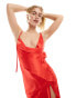 ASOS DESIGN satin cowl neck bias maxi dress with buckle detail and cut out in red