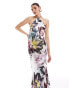 ASOS DESIGN satin halter maxi dress with shaped back detail in overscale floral print