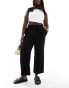 ONLY Curve tie waist wide leg linen trousers in black .