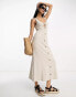 ASOS DESIGN sleeveless midi dress with buttons and tie detail in stone