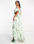 ASOS DESIGN Petite ruffle cut out off the shoulder maxi dress with hi low hem in stone floral print