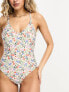 Pieces v neck swimsuit in white floral