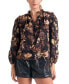 Women's Cotton Floral-Print Ruffled Split-Neck Top