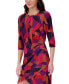 Petite Printed Pleat-Neck 3/4-Sleeve Dress