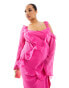 ASOS DESIGN Curve exclusive asymmetric sleeve maxi dress with distressed ruffle detail in pink