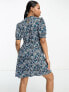 Pieces high neck tiered mini dress in blue ditsy floral