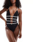 Kaiia plunge cut out rose detail swimsuit in monochrome