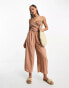 ASOS DESIGN linen shirred bodice belt jumpsuit in rust