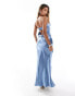 In The Style exclusive liquid satin bandeau cut out back maxi dress in turquoise