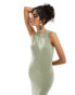 4th & Reckless sleeveless all over hotfix diamante midaxi dress in olive