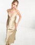 Miss Selfridge metallic satin lace back maxi dress in gold