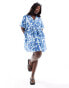 ASOS DESIGN Curve mini shirt dress with revere collar and corset hem in blue abstract print