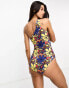 Threadbare one shoulder swimsuit with cut out detail in blue retro floral print