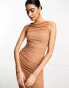 ASOS DESIGN high neck ruched asymmetric bodycon midi dress in camel brown