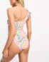 Vero Moda tie one shoulder swimsuit in pink swirl print