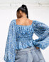 Moon River square neck long puff sleeve top in blue print