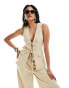 ASOS DESIGN longline waistcoat with beaded tie detail in textured cream