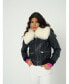 Women's Detachable Natural Shearling Collar Bomber Jacket, Jumbo Pattern Navy