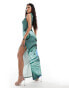 Kaiia exclusive slinky high neck cut out bodycon maxi dress with tie side detail in green butterfly print