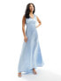 Vila Petite Bridesmaid satin v neck maxi dress with train in pastel blue