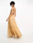 ASOS DESIGN embroidered ruched voile cut out tiered maxi dress in gold