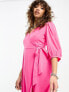 Only puff sleeve wrap midi dress in bright pink