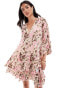 YAS pleated ruched full sleeve mini dress with low v beck in pink floral - MULTI