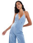 River Island halter denim jumpsuit in lightwash blue