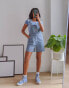 Labelrail x Pose and Repeat vintage fit short dungarees with butterfly embroidery in blue