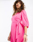 Only puff sleeve wrap midi dress in bright pink