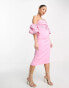 ASOS DESIGN Petite bardot puff sleeve midi dress with floral sequin embellishment in pink