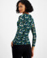 Women's Printed-Mesh Long-Sleeve V-Neck Top, Created for Macy's