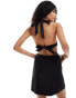 The Frolic birdie cross tie detail open back mini beach dress in black