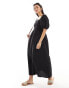 New Look shirred broderie detail linen blend dress in black