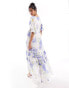 ASOS DESIGN lace cut out dress button through ruffle hem midi dress in blue and white floral