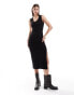 ONLY side split ribbed maxi dress with hood in black